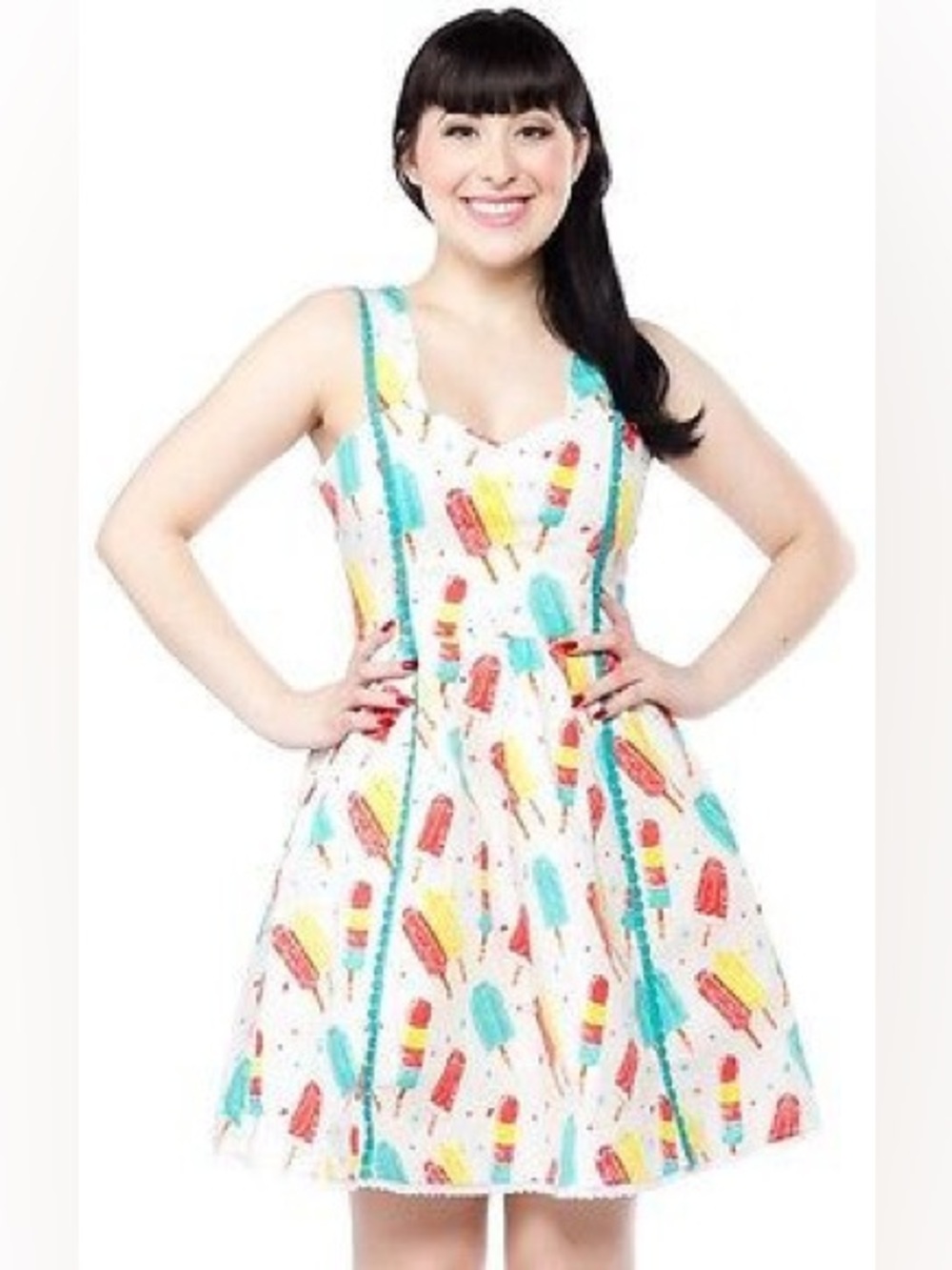 Sourpuss White Popsicle Print Fit-and-Flare Dress with Teal Trim